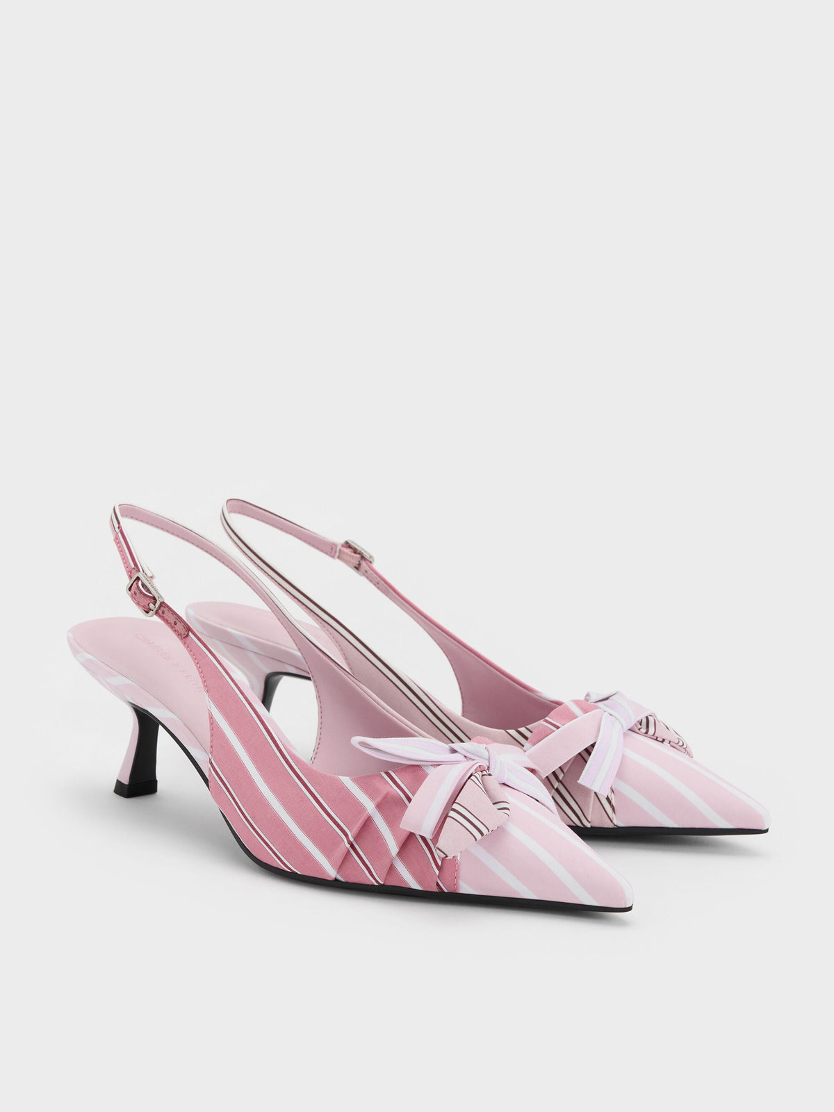 CHARLES & KEITH Discount / Striped Knot-Bow Pointed Slingback Pumps - Light Pink