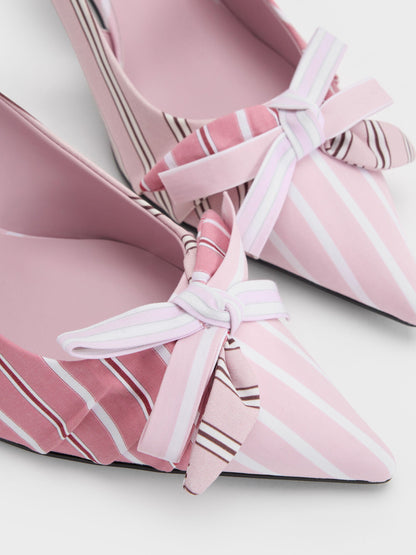 CHARLES & KEITH Discount / Striped Knot-Bow Pointed Slingback Pumps - Light Pink