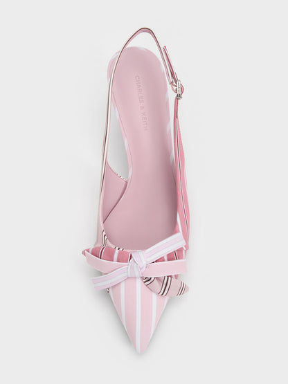 CHARLES & KEITH Discount / Striped Knot-Bow Pointed Slingback Pumps - Light Pink