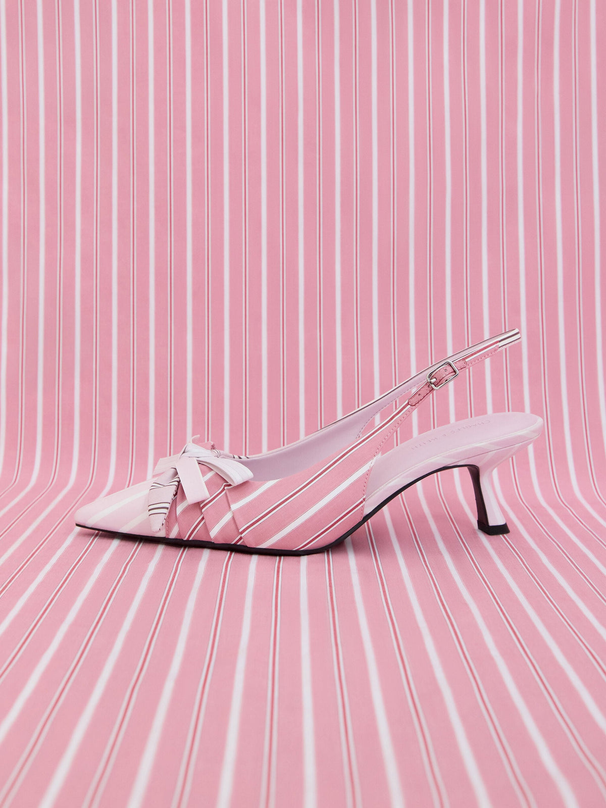CHARLES & KEITH Discount / Striped Knot-Bow Pointed Slingback Pumps - Light Pink