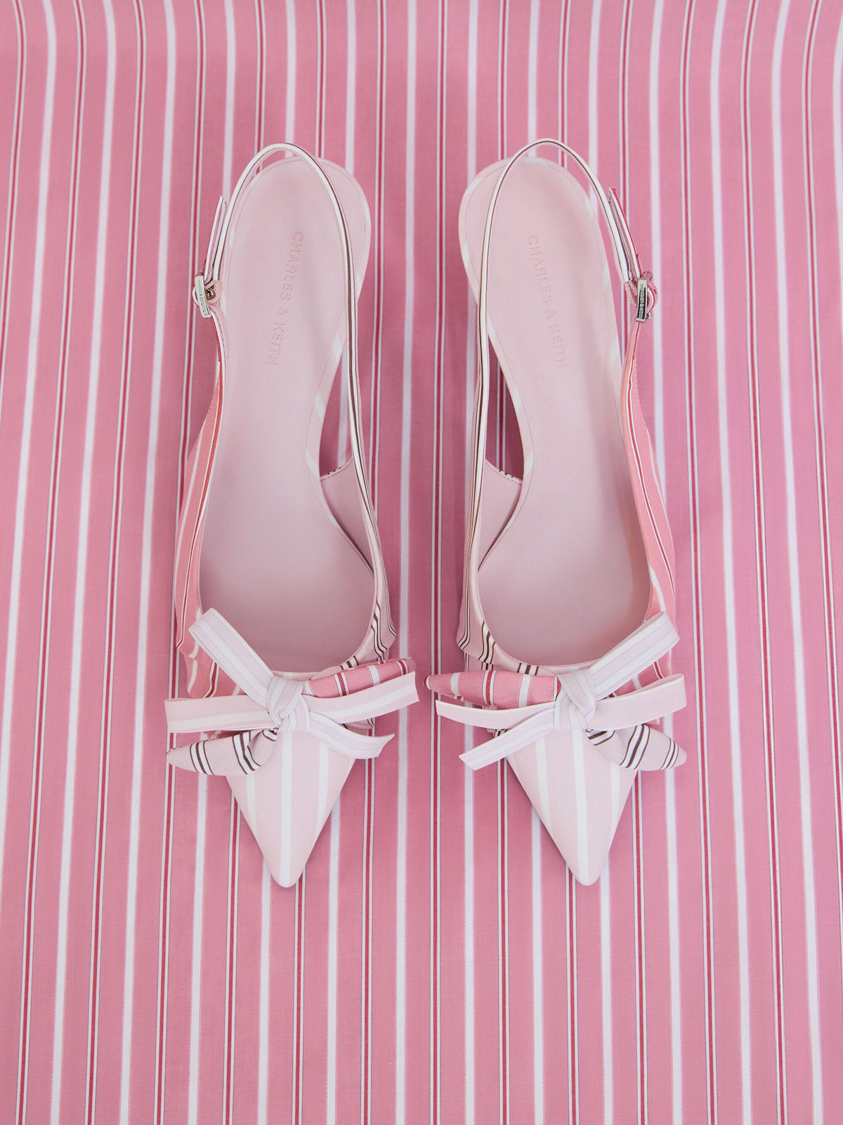 CHARLES & KEITH Discount / Striped Knot-Bow Pointed Slingback Pumps - Light Pink