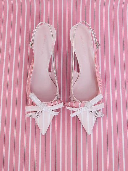 CHARLES & KEITH Discount / Striped Knot-Bow Pointed Slingback Pumps - Light Pink