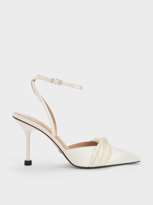 CHARLES & KEITH Featured / Leda Beaded Satin Ankle-Strap Pumps - White