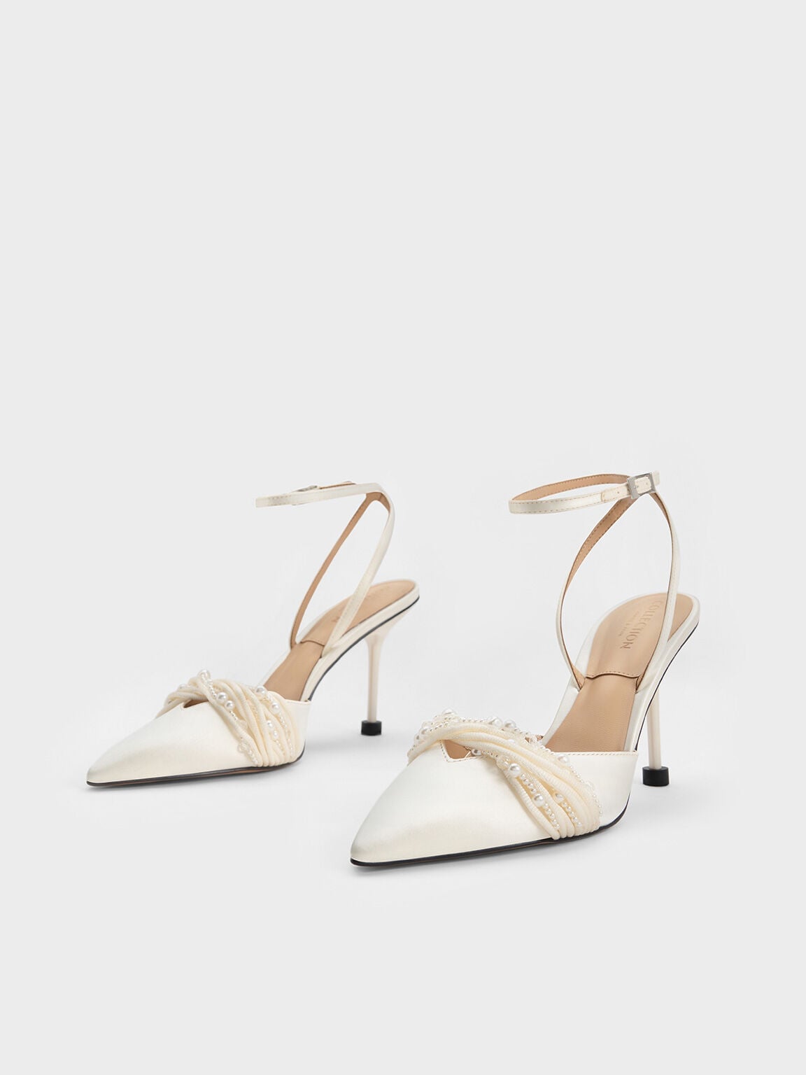 CHARLES & KEITH Featured / Leda Beaded Satin Ankle-Strap Pumps - White