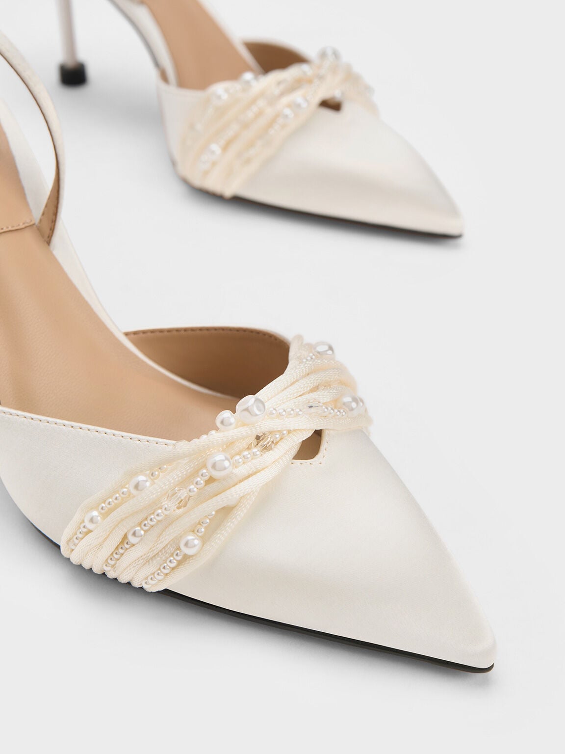 CHARLES & KEITH Featured / Leda Beaded Satin Ankle-Strap Pumps - White