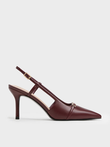 CHARLES & KEITH Hot Sale / Metallic-Bar Pointed Slingback Pumps - Burgundy