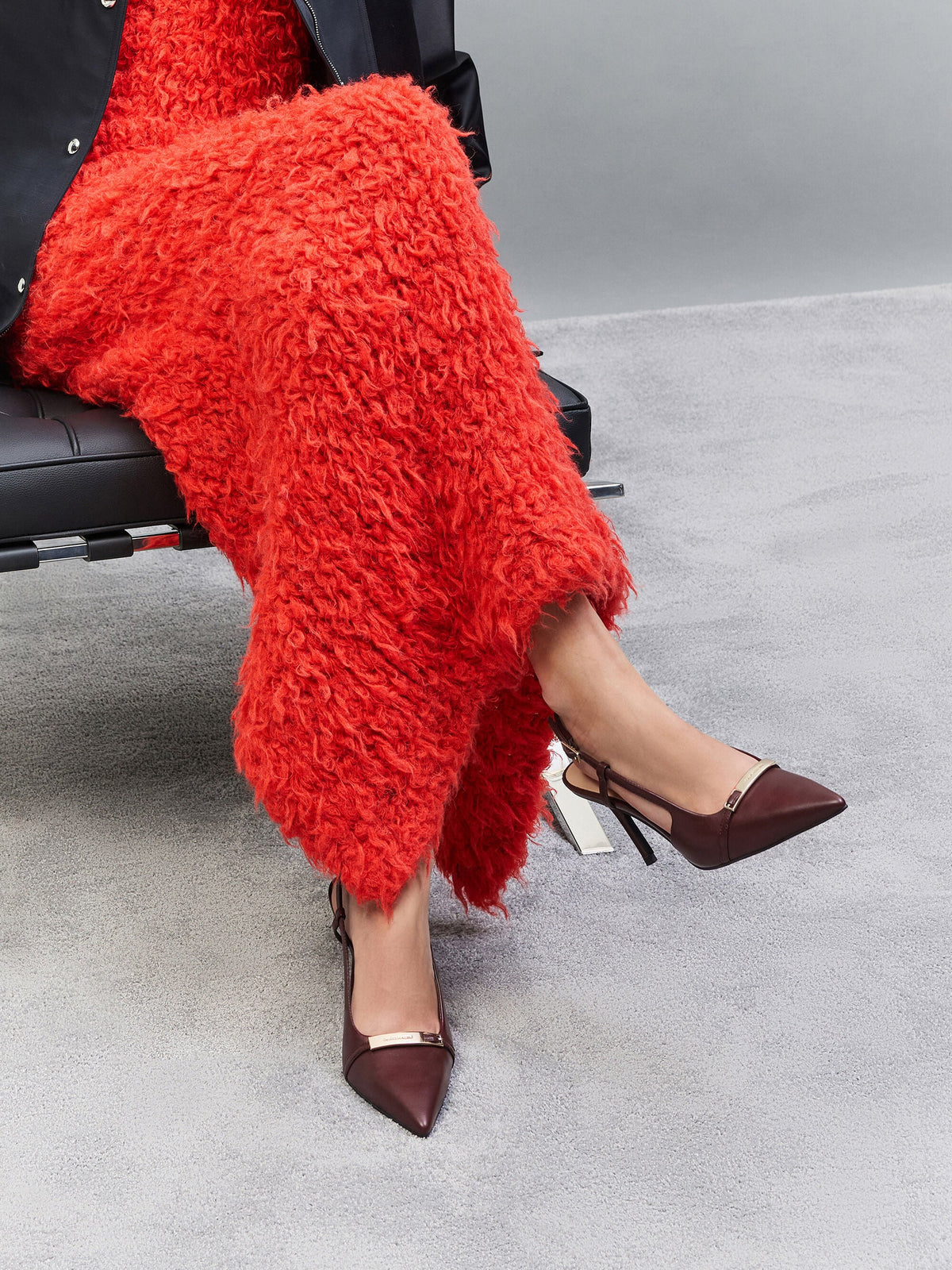 CHARLES & KEITH Hot Sale / Metallic-Bar Pointed Slingback Pumps - Burgundy