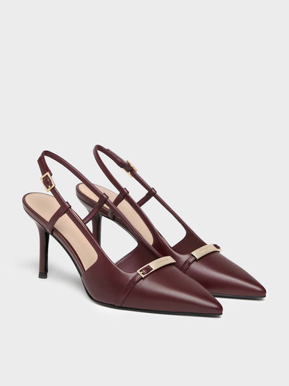 CHARLES & KEITH Hot Sale / Metallic-Bar Pointed Slingback Pumps - Burgundy