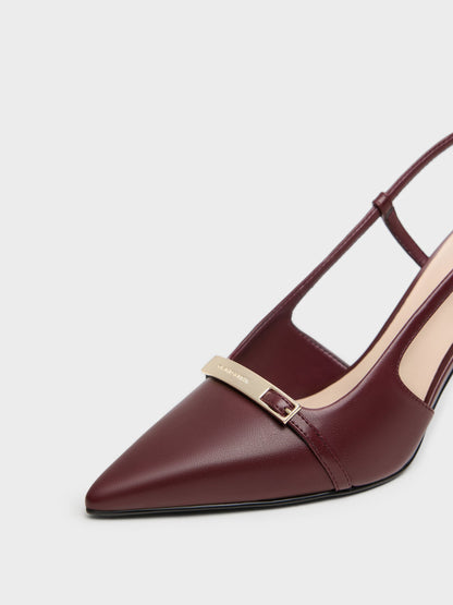 CHARLES & KEITH Hot Sale / Metallic-Bar Pointed Slingback Pumps - Burgundy