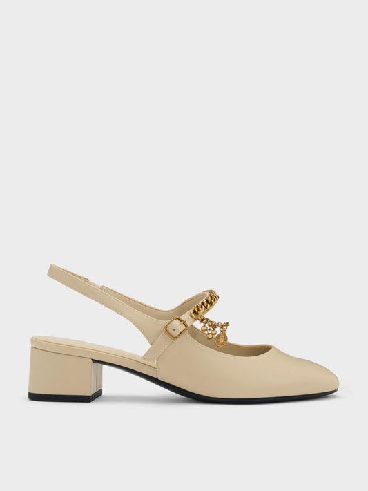 CHARLES & KEITH Best Seller / Double-Chain Charm Mary Jane Slingback Pumps - Chalk