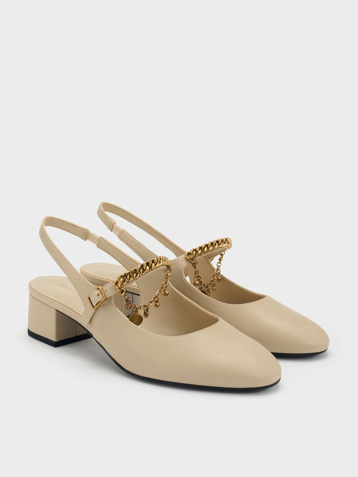 CHARLES & KEITH Best Seller / Double-Chain Charm Mary Jane Slingback Pumps - Chalk