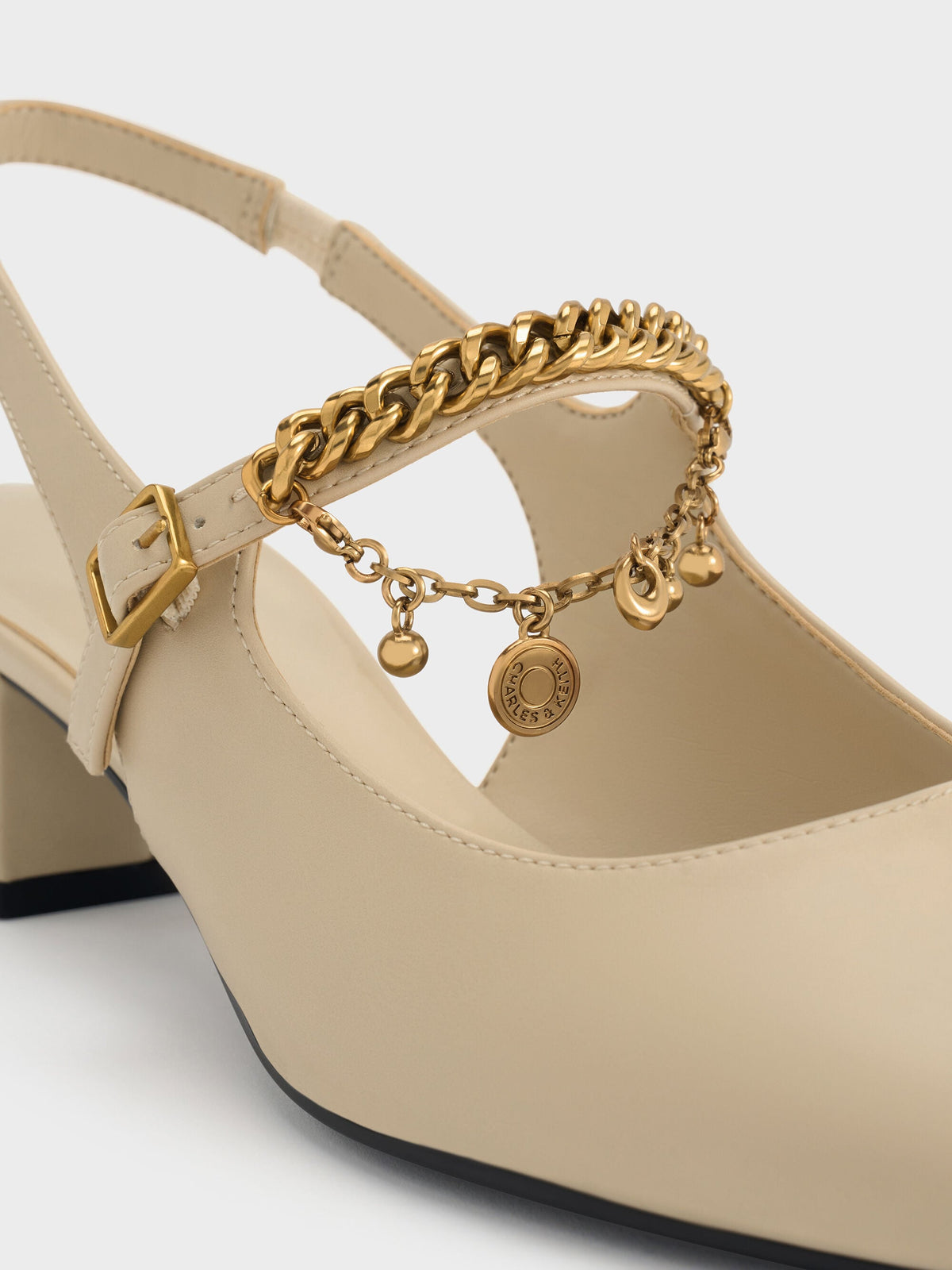 CHARLES & KEITH Best Seller / Double-Chain Charm Mary Jane Slingback Pumps - Chalk