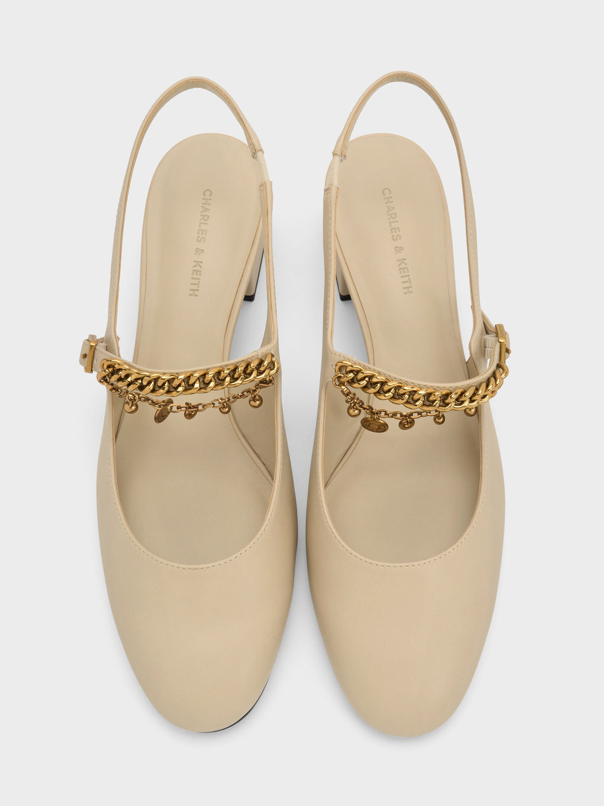 CHARLES & KEITH Best Seller / Double-Chain Charm Mary Jane Slingback Pumps - Chalk