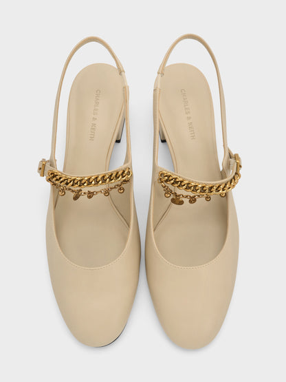 CHARLES & KEITH Best Seller / Double-Chain Charm Mary Jane Slingback Pumps - Chalk