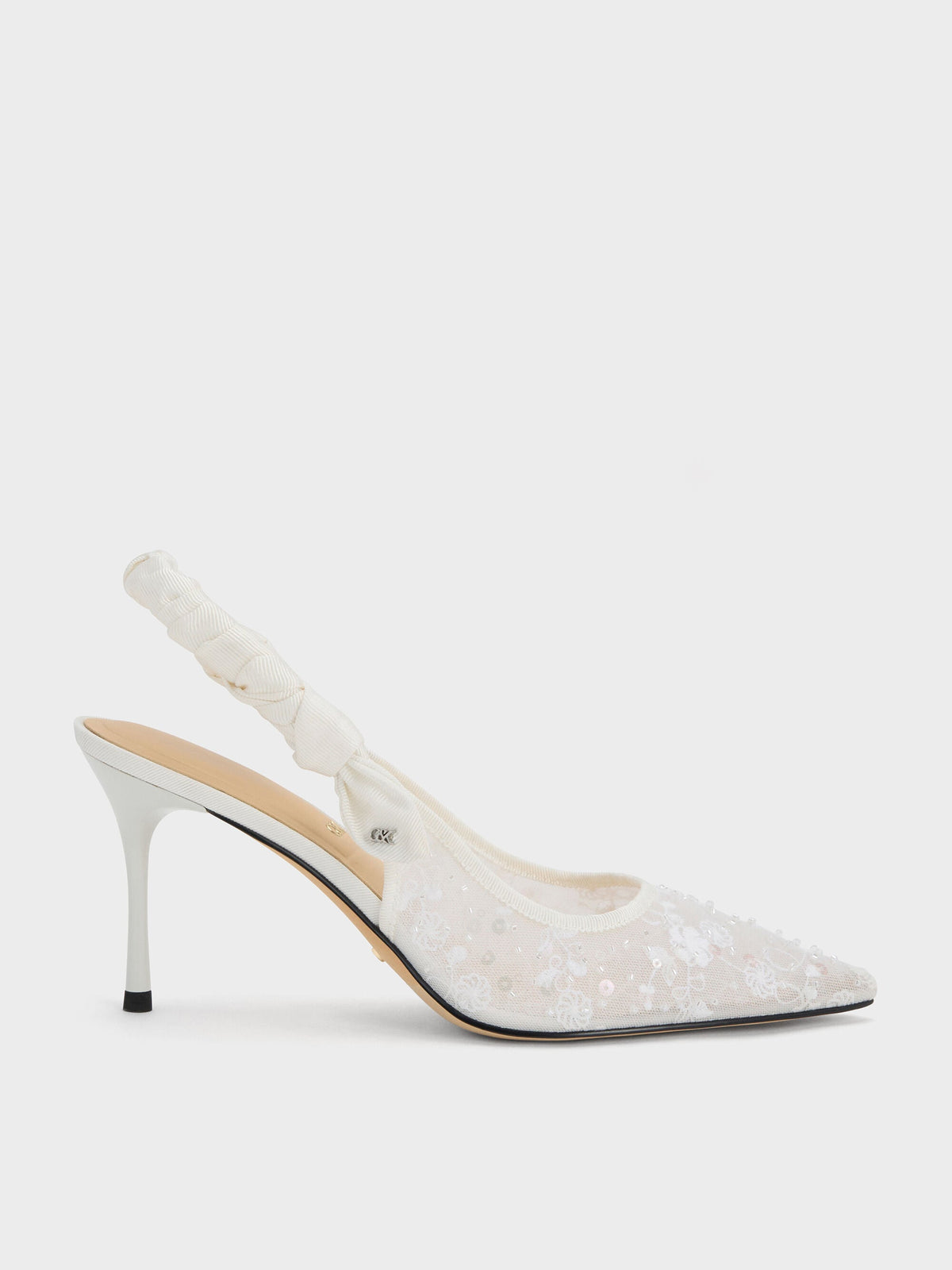 CHARLES & KEITH Value / Tayari Embroidered-Mesh Slingback Pumps - White