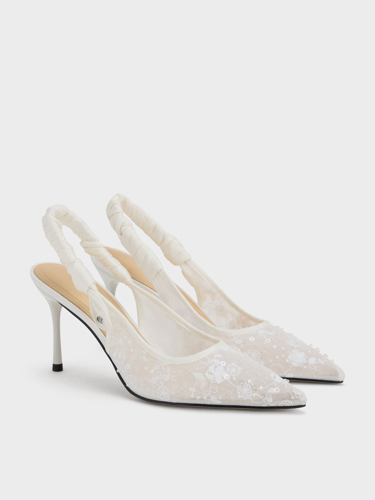 CHARLES & KEITH Value / Tayari Embroidered-Mesh Slingback Pumps - White