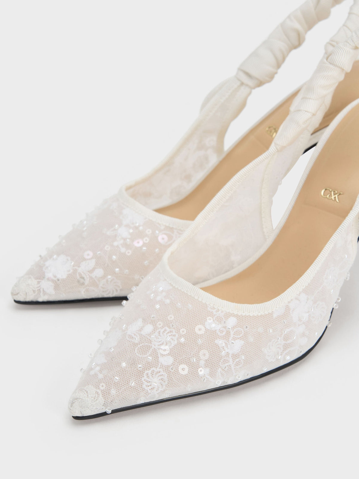 CHARLES & KEITH Value / Tayari Embroidered-Mesh Slingback Pumps - White