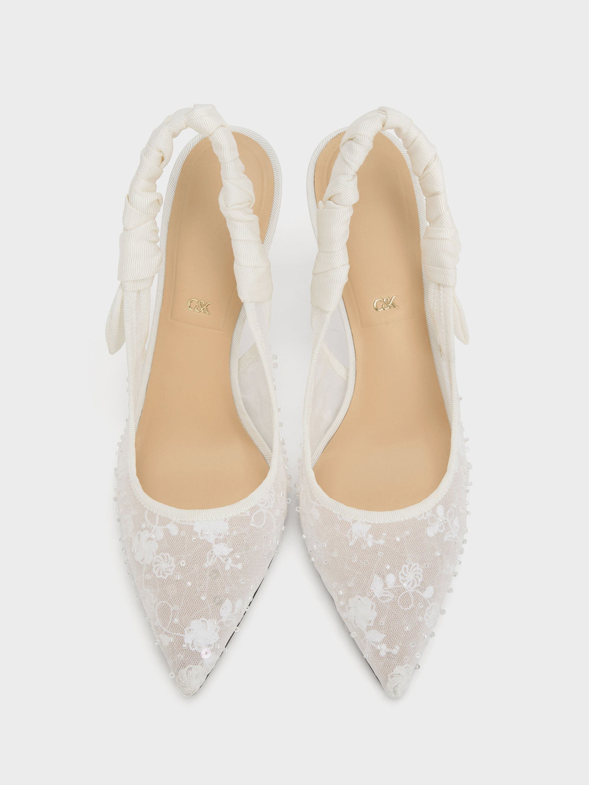 CHARLES & KEITH Value / Tayari Embroidered-Mesh Slingback Pumps - White