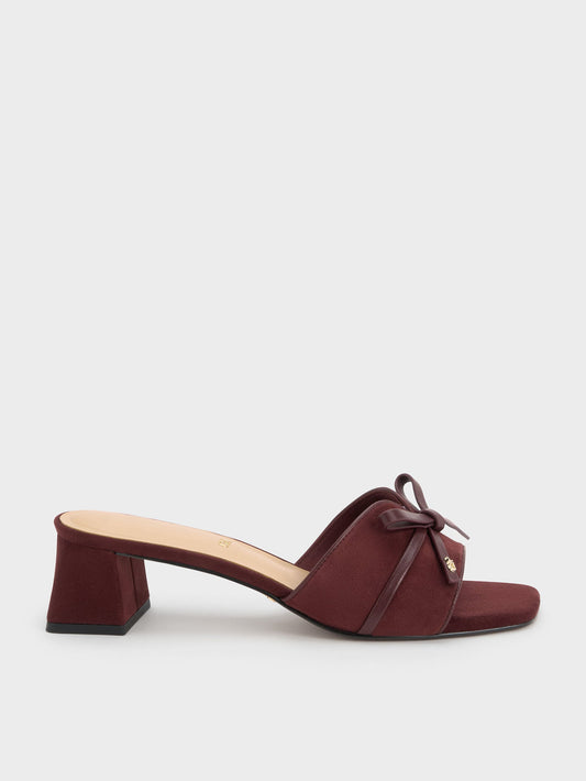 CHARLES & KEITH Trusted / Leather & Suede Bow Heeled Mules - Burgundy