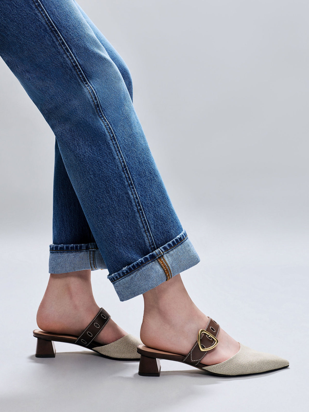 CHARLES & KEITH Exclusive / Sepphe Twill Buckle-Strap Heeled Mules - Brown
