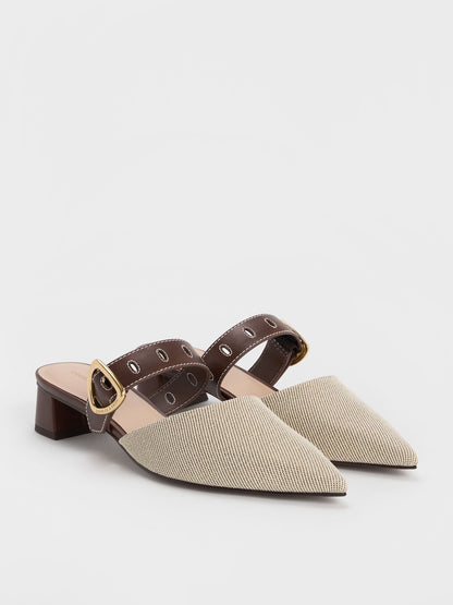 CHARLES & KEITH Exclusive / Sepphe Twill Buckle-Strap Heeled Mules - Brown