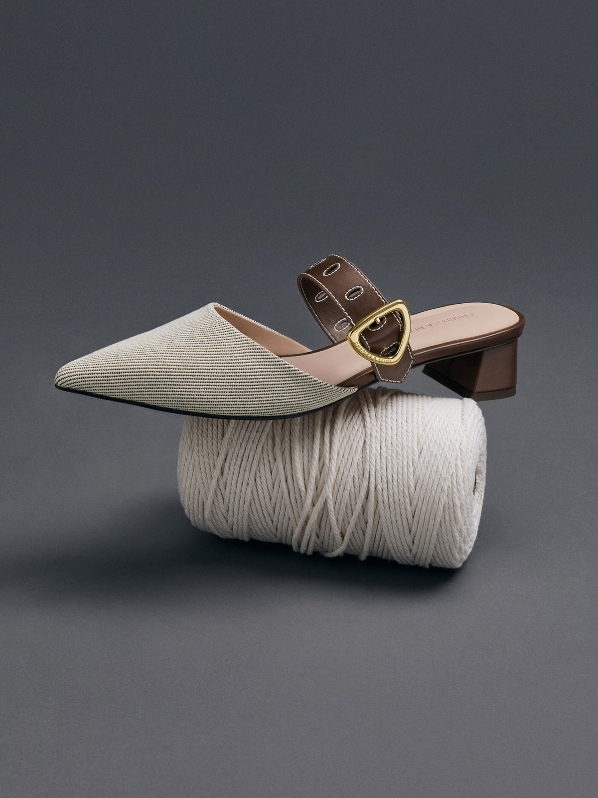 CHARLES & KEITH Exclusive / Sepphe Twill Buckle-Strap Heeled Mules - Brown