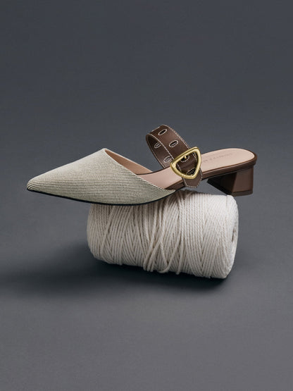 CHARLES & KEITH Exclusive / Sepphe Twill Buckle-Strap Heeled Mules - Brown