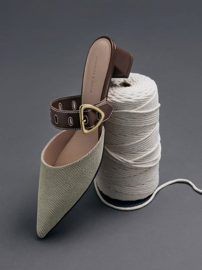 CHARLES & KEITH Exclusive / Sepphe Twill Buckle-Strap Heeled Mules - Brown