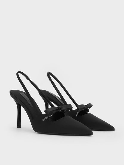 CHARLES & KEITH Premium / Venetia Satin Bow Pointed Slingback Pumps - Black Textured