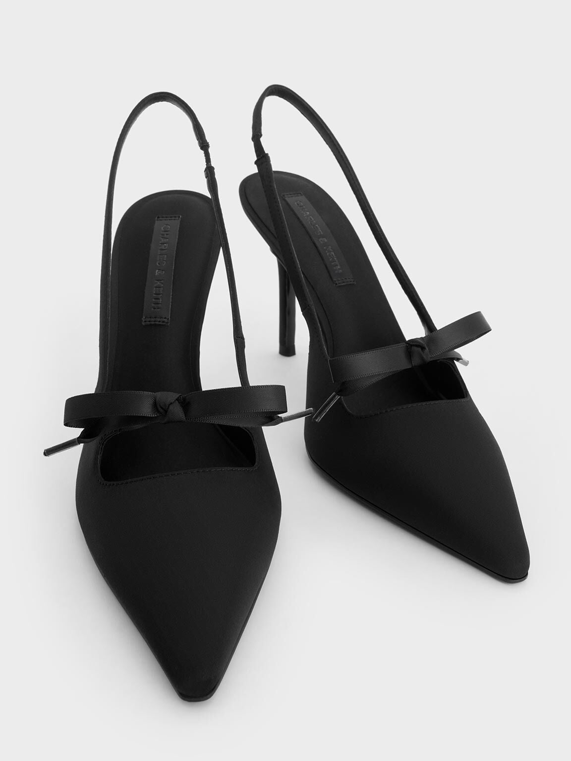 CHARLES & KEITH Premium / Venetia Satin Bow Pointed Slingback Pumps - Black Textured