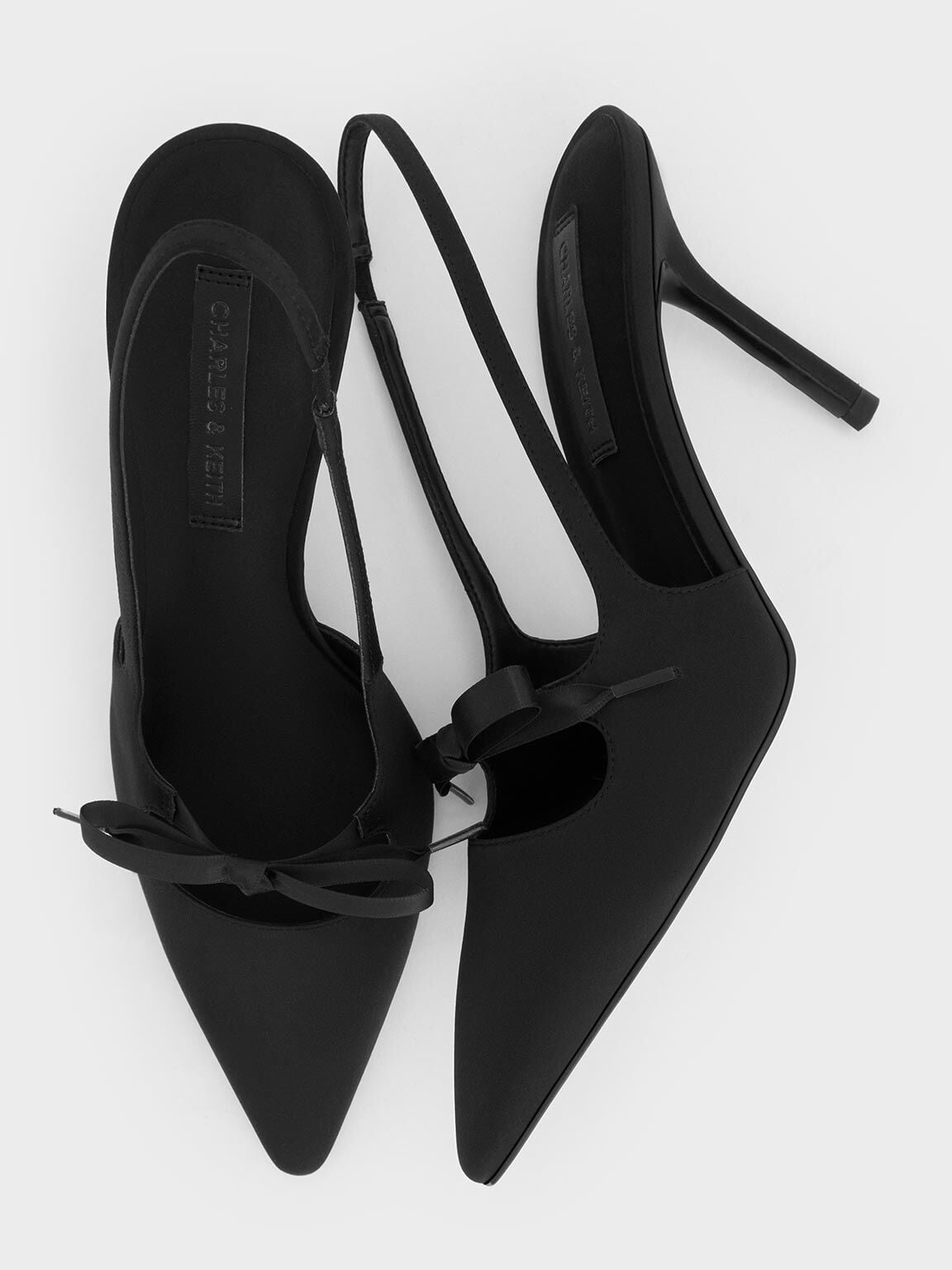 CHARLES & KEITH Premium / Venetia Satin Bow Pointed Slingback Pumps - Black Textured