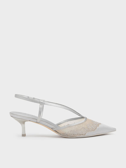 CHARLES & KEITH Popular / Satin Embroidered-Mesh Slingback Kitten Heels - Silver