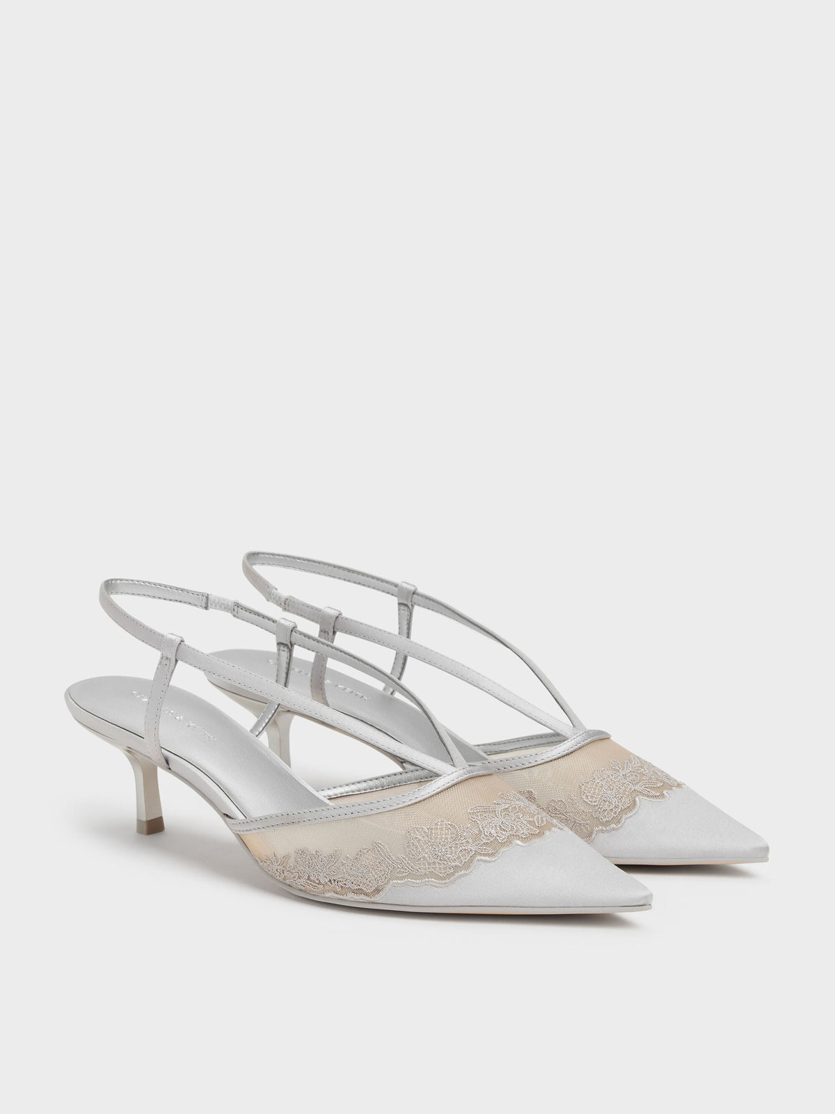CHARLES & KEITH Popular / Satin Embroidered-Mesh Slingback Kitten Heels - Silver