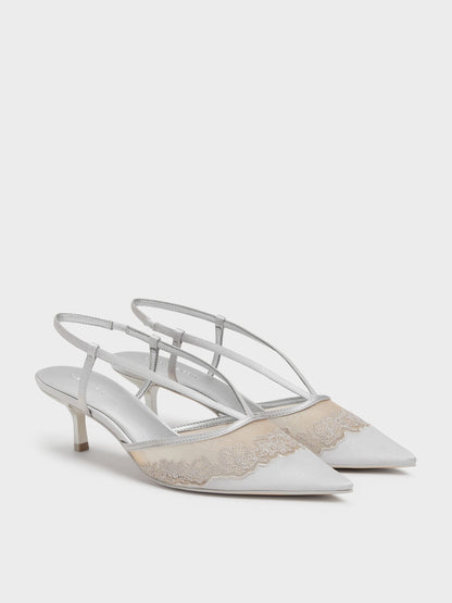 CHARLES & KEITH Popular / Satin Embroidered-Mesh Slingback Kitten Heels - Silver