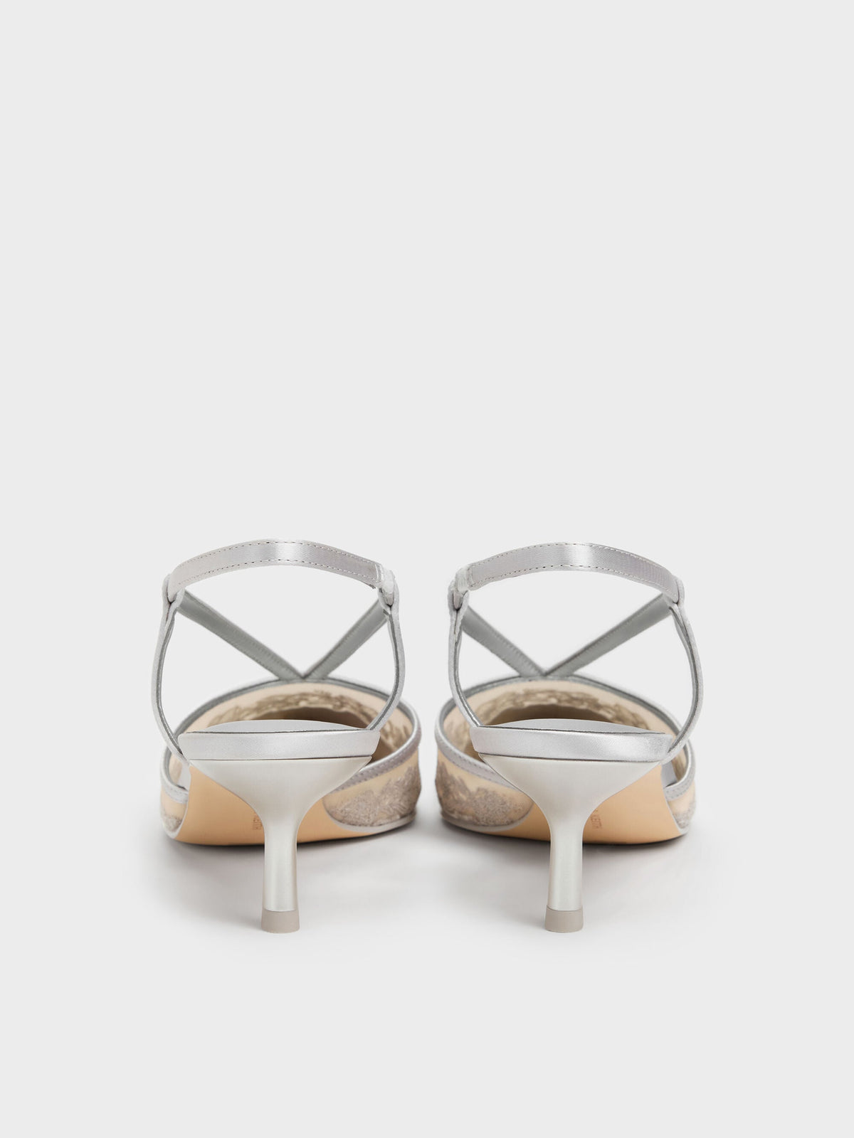 CHARLES & KEITH Popular / Satin Embroidered-Mesh Slingback Kitten Heels - Silver