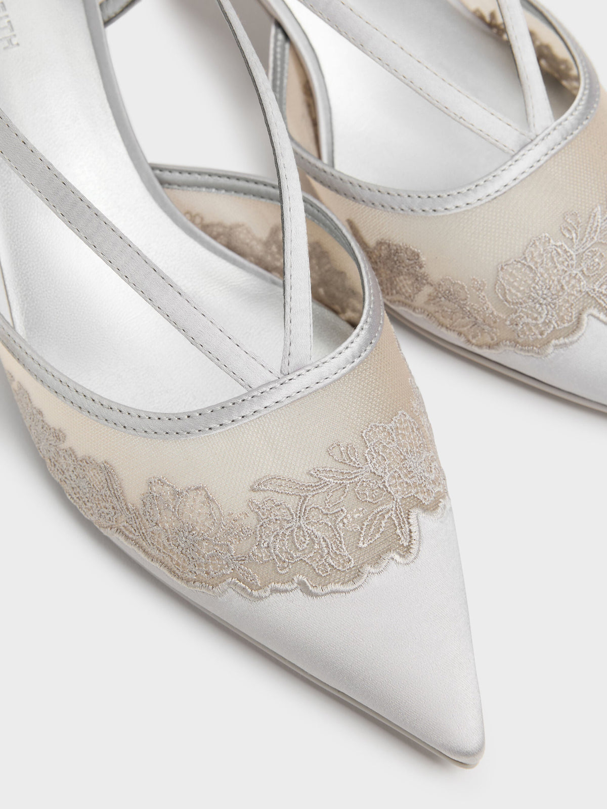 CHARLES & KEITH Popular / Satin Embroidered-Mesh Slingback Kitten Heels - Silver