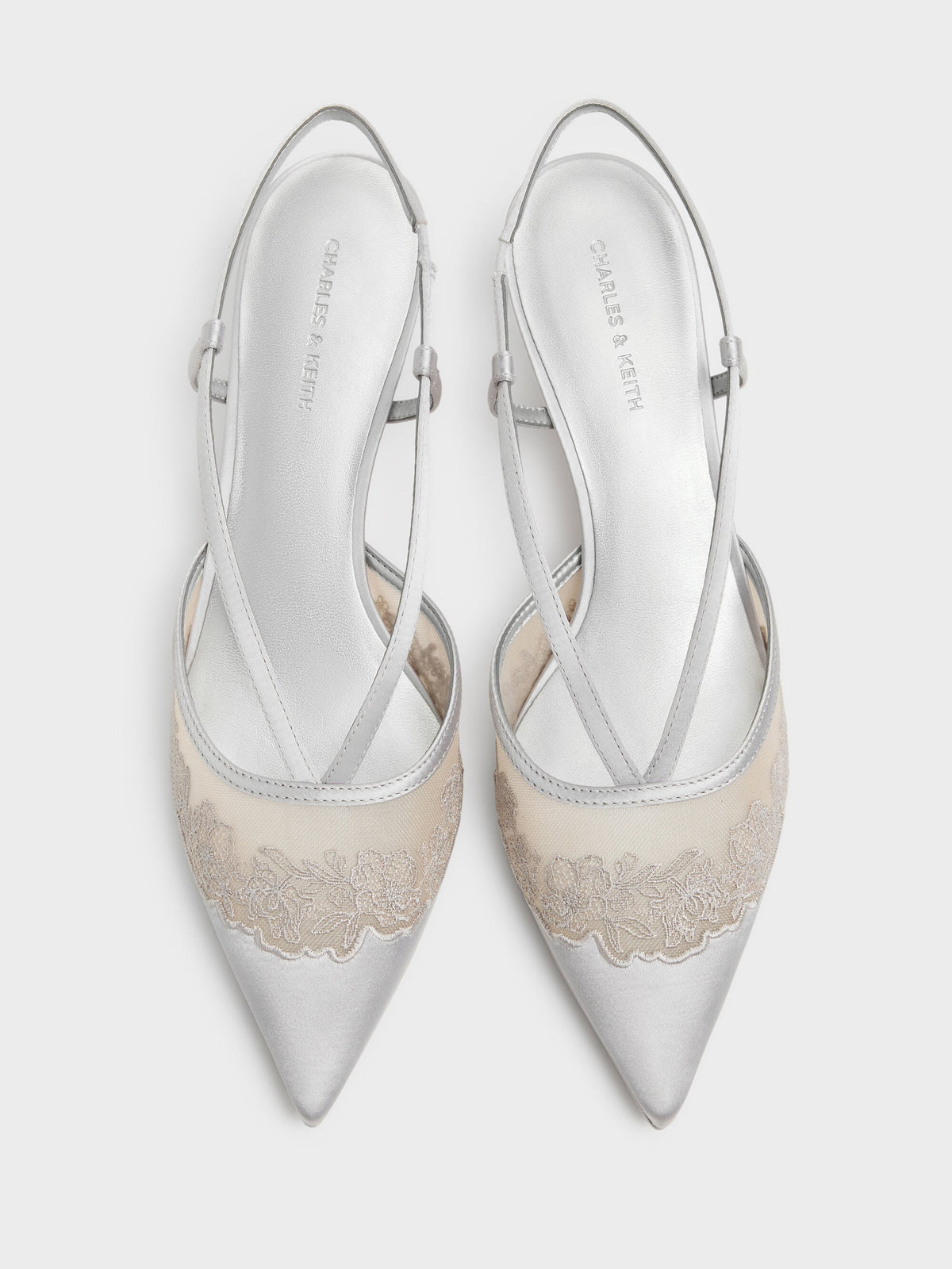 CHARLES & KEITH Popular / Satin Embroidered-Mesh Slingback Kitten Heels - Silver
