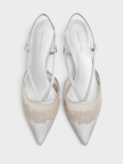 CHARLES & KEITH Popular / Satin Embroidered-Mesh Slingback Kitten Heels - Silver