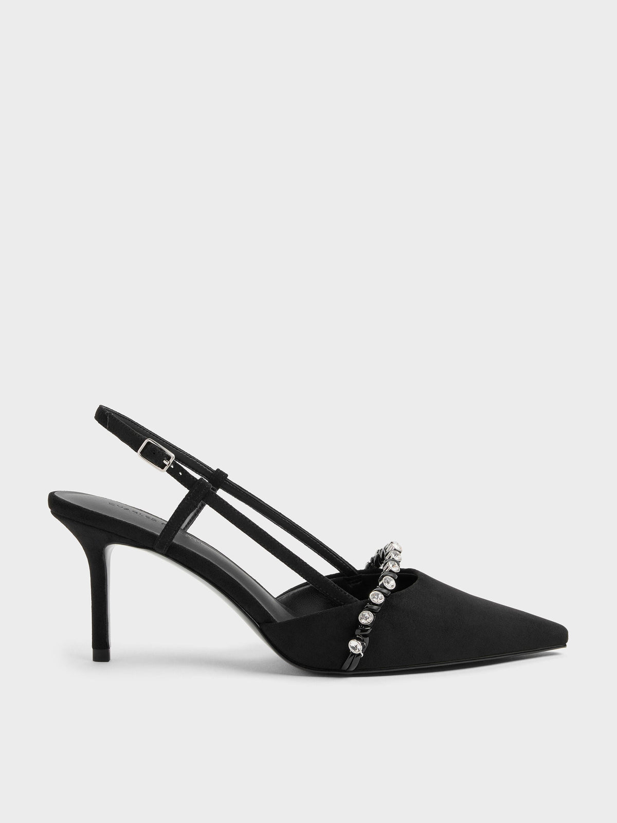 CHARLES & KEITH Latest / Faux Suede Crystal Slingback Pumps - Black Textured