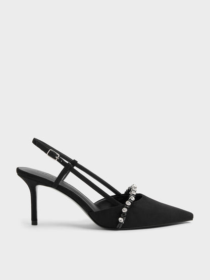 CHARLES & KEITH Latest / Faux Suede Crystal Slingback Pumps - Black Textured