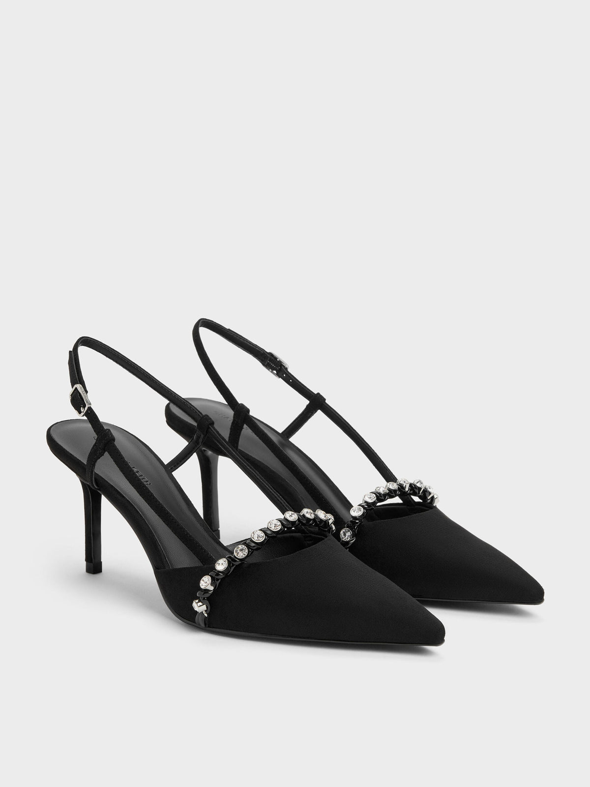 CHARLES & KEITH Latest / Faux Suede Crystal Slingback Pumps - Black Textured