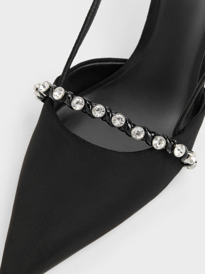 CHARLES & KEITH Latest / Faux Suede Crystal Slingback Pumps - Black Textured