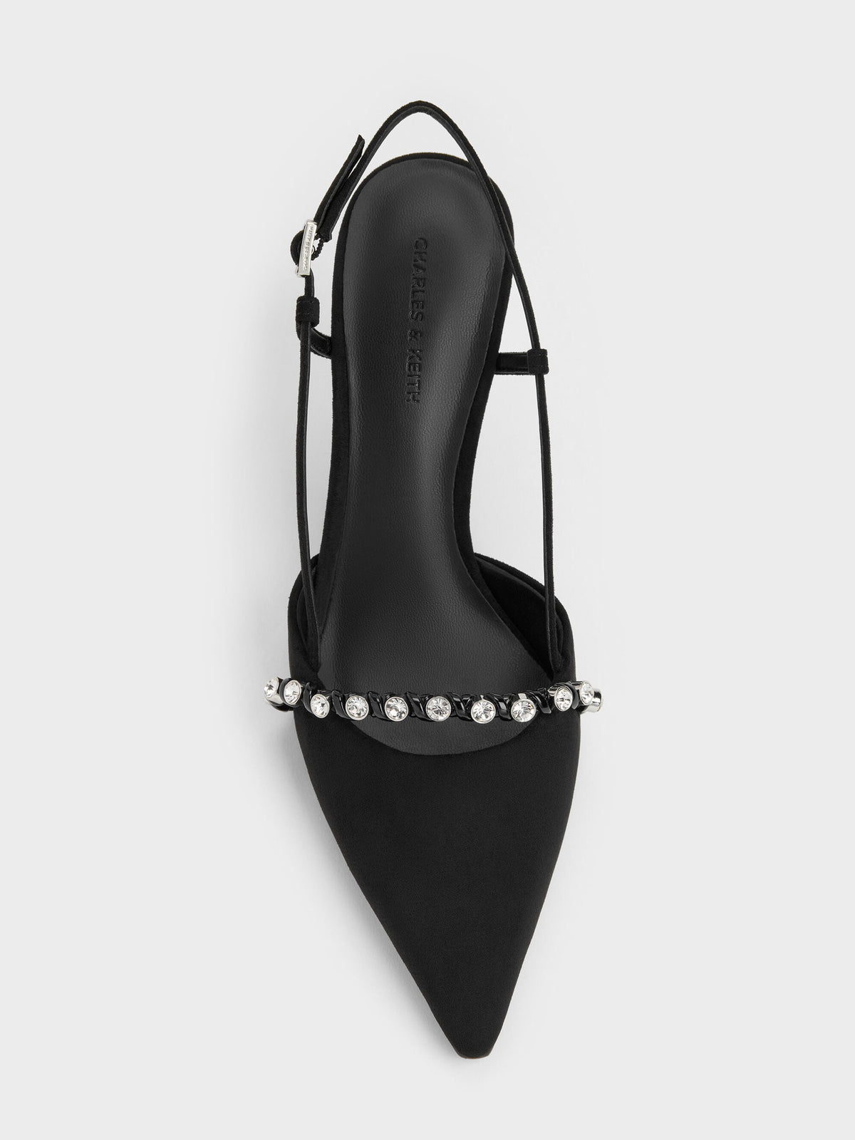 CHARLES & KEITH Latest / Faux Suede Crystal Slingback Pumps - Black Textured