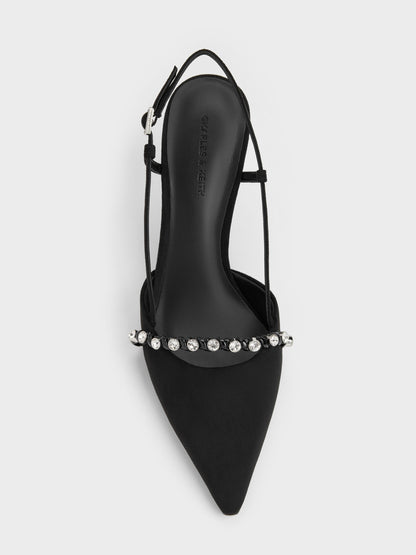 CHARLES & KEITH Latest / Faux Suede Crystal Slingback Pumps - Black Textured