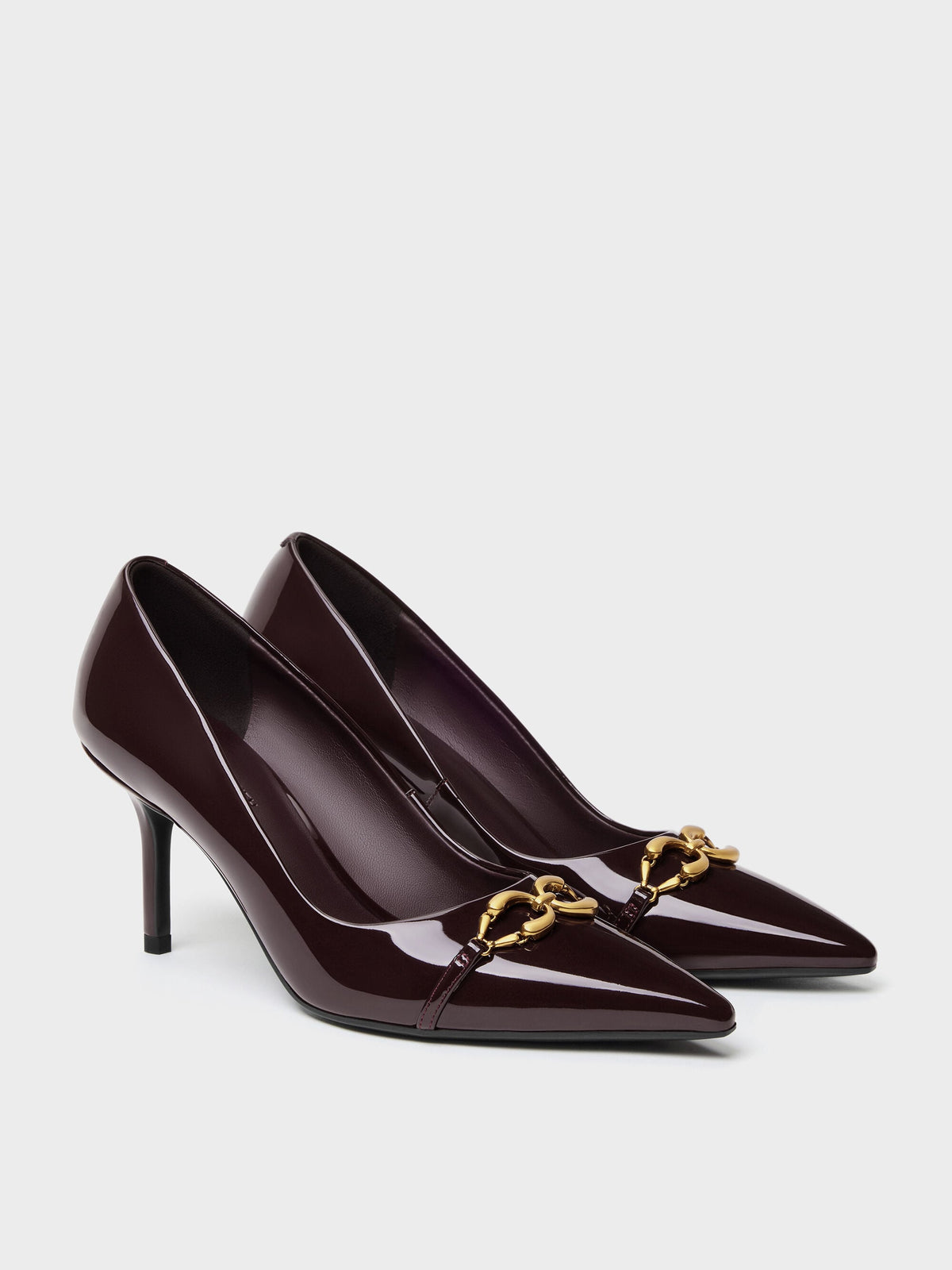 CHARLES & KEITH Latest / Patent Metallic-Buckle Pointed Pumps - Burgundy
