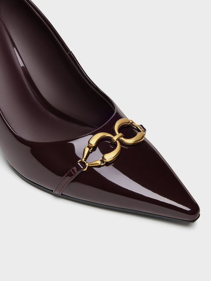 CHARLES & KEITH Latest / Patent Metallic-Buckle Pointed Pumps - Burgundy