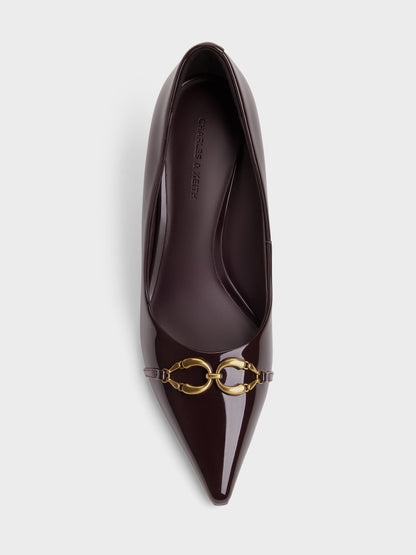 CHARLES & KEITH Latest / Patent Metallic-Buckle Pointed Pumps - Burgundy