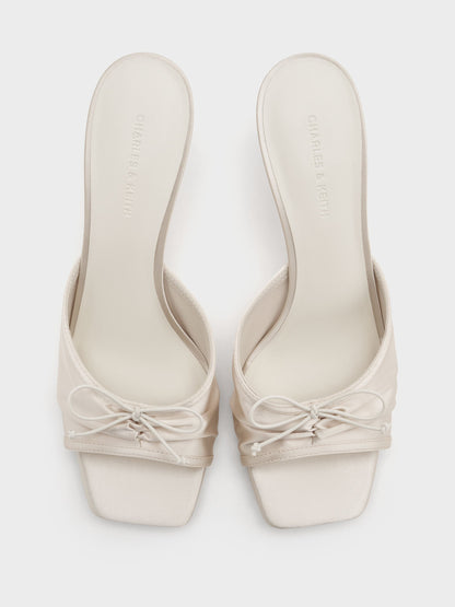 CHARLES & KEITH Trending / Sadira Satin Ruched Bow Heeled Mules - Chalk