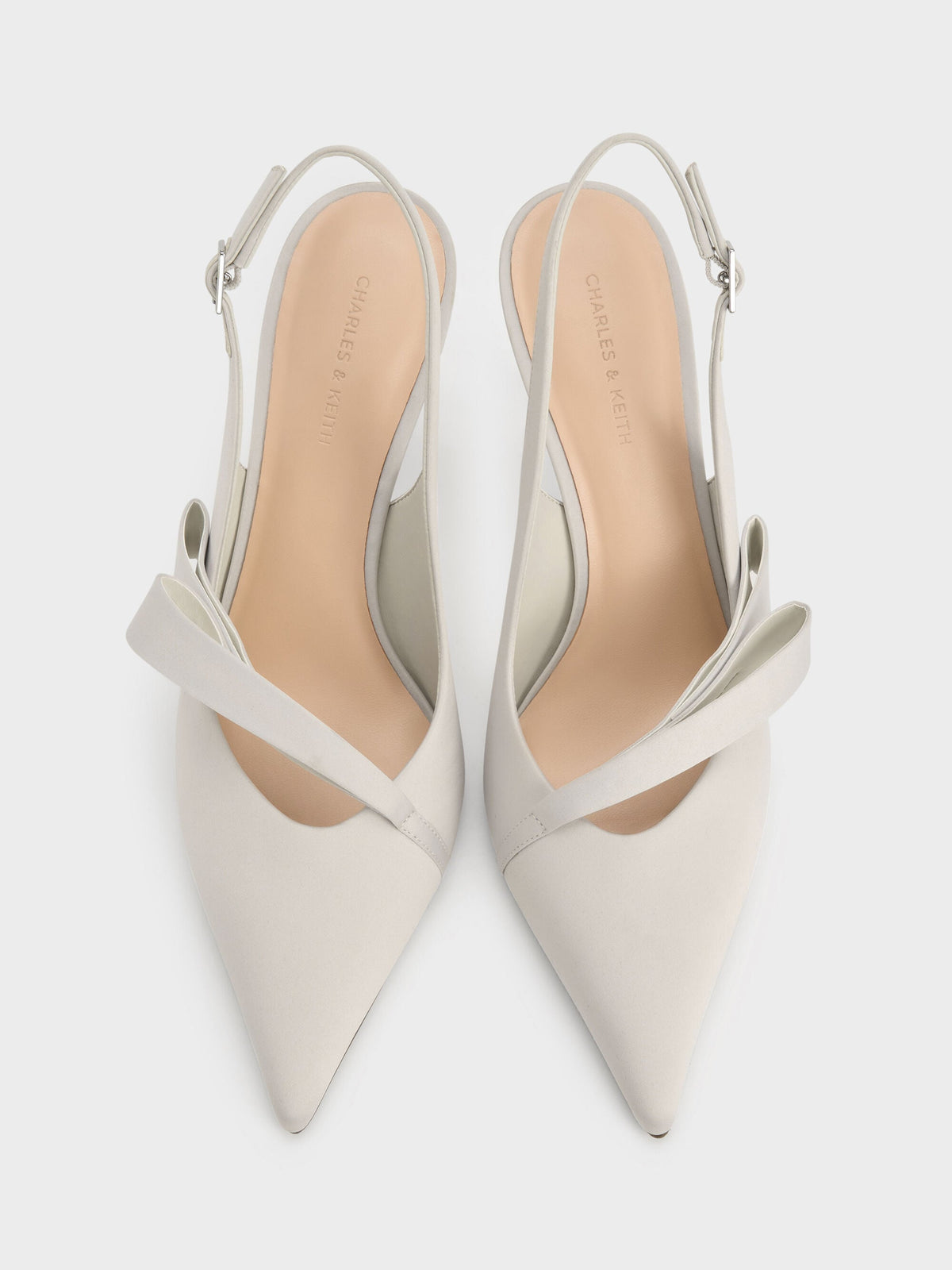 CHARLES & KEITH Popular / Satin Pleated-Strap Slingback Pumps - Light Grey