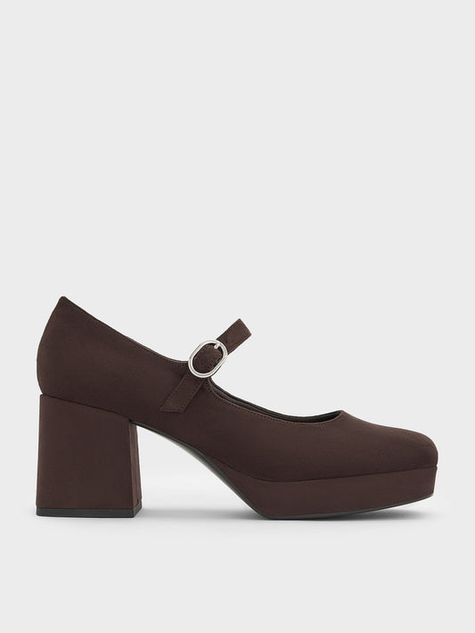 CHARLES & KEITH Exclusive / Faux Suede Platform Mary Jane Pumps - Dark Brown Textured